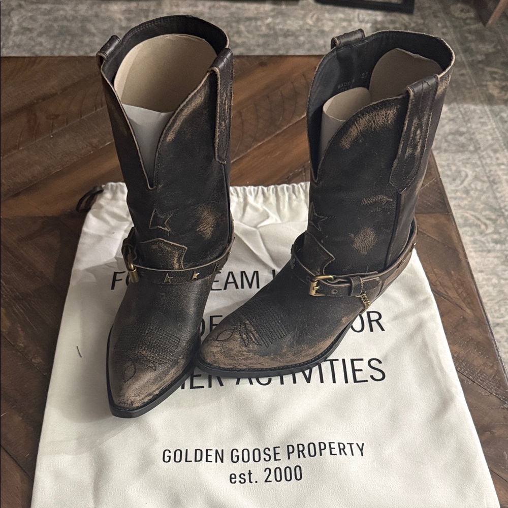 Golden Goose women’s Distressed Brown Leather Western Harness Boots